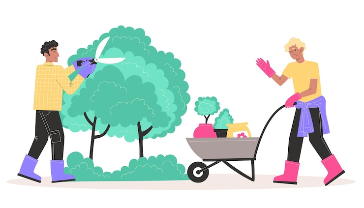 Vector men trim bushes in the garden with garden shears and carry a cart with potted plants and fertilizer