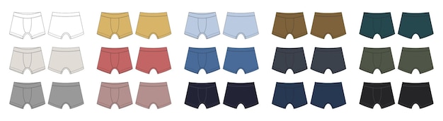 Vector men underpants set in diffirent color technical sketch children's boxer shorts underwear collection