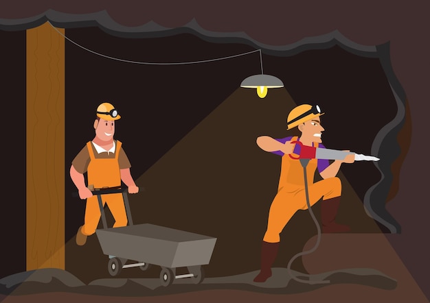 Vector men in uniform work underground mining coal flat style cartoon illustration vector