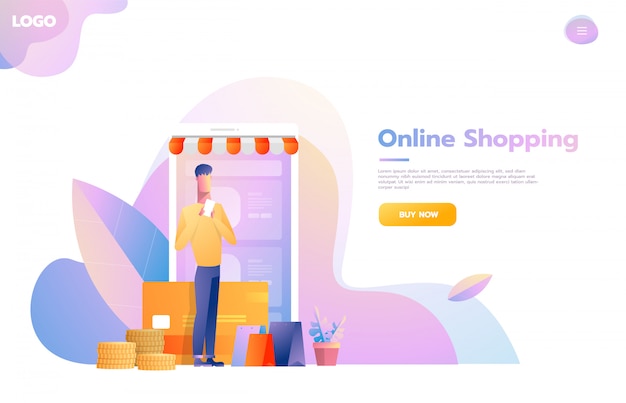 モバイルショッピングを利用している男性。タブレットコンピューターのように見える店内を歩く人。オンラインショッピングの概念ベクトルフラット設計図。
