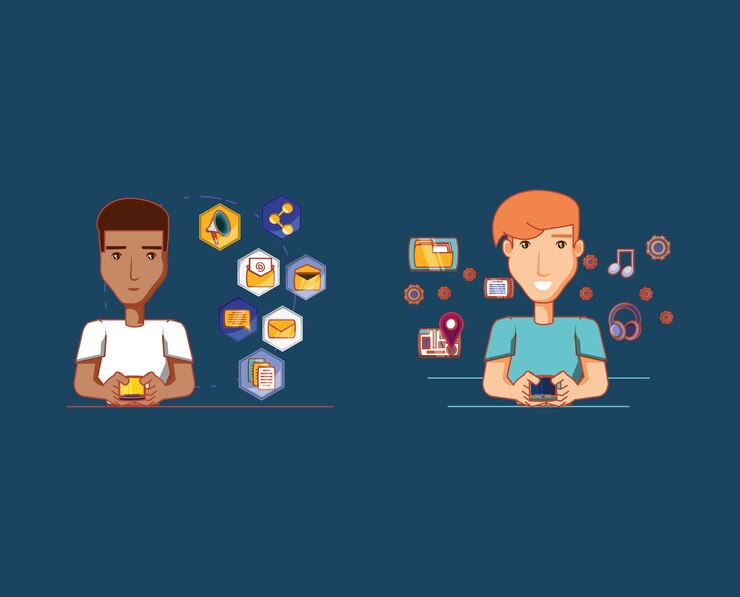 Vector men using smartphone digital social media 