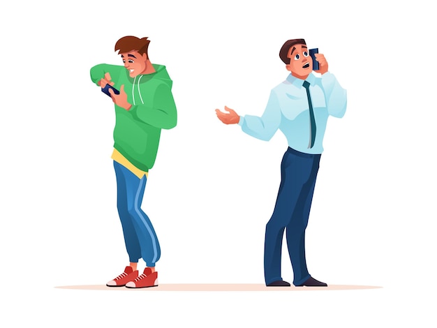 Men using smartphones young boy playing games on mobile phone and businessman talking vector flat