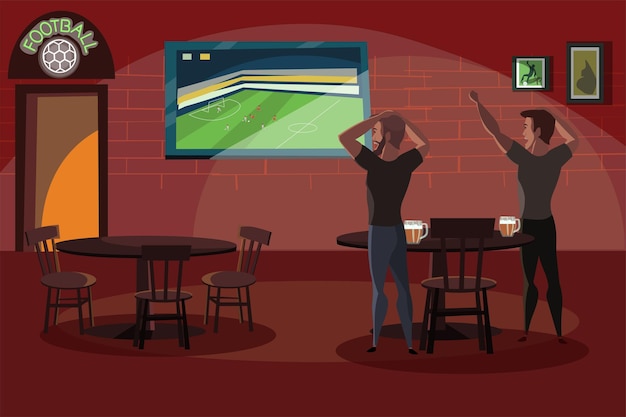 テレビで孤立した漫画のキャラクターを見ているバーの友達でサッカーの試合を見ている男性は、平日のサッカーファンの後にパブで楽しんでいます