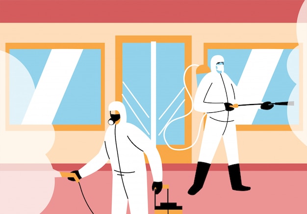 men wear protective suit, cleaning and disinfection