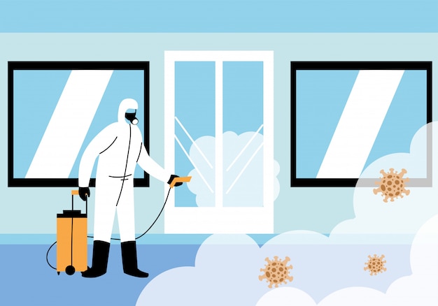 men wear protective suit, cleaning and disinfection