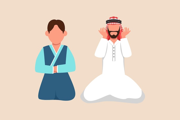 Men wearing a different country clothe one of them wearing a shirt from Korea and one of them wearing clothes from Arabs Diversity concept Flat vector illustration isolated