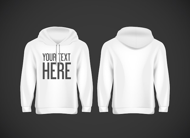 Vector men white hoddy. realistic mockup with brand text for advertising. long sleeve hoody template on background.