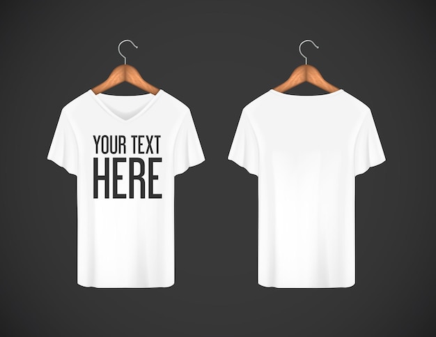 Vector men white t-shirt. realistic mockup whit brand text for advertising. short sleeve t-shirt template on background.