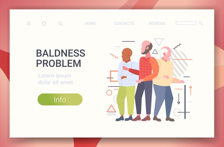 Vector men with bald head standing together hair loss baldness problem concept