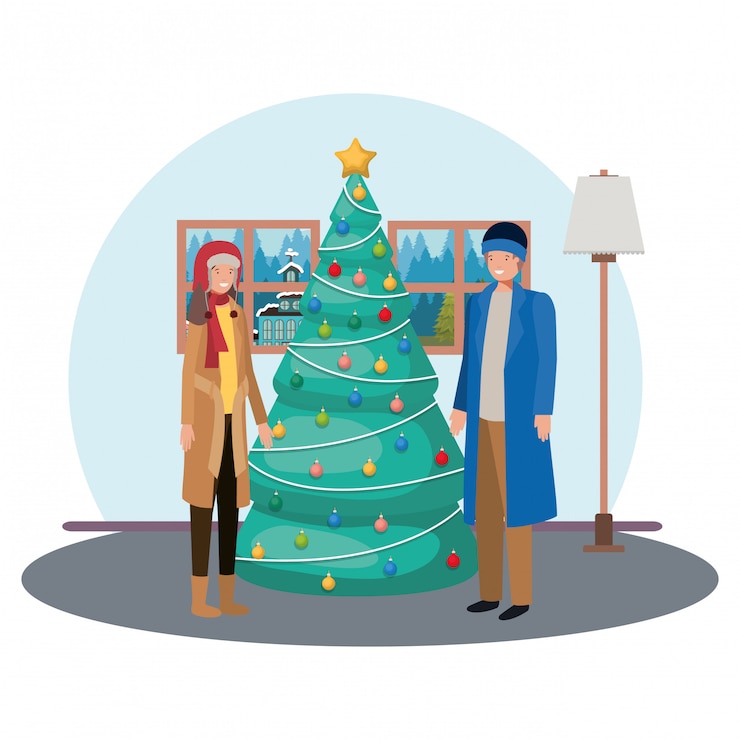 Vector men with christmas tree in livingroom