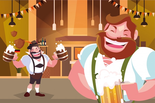 Gli uomini con il vestito tradizionale tedesco bevono birra nella celebrazione del bar oktoberfest