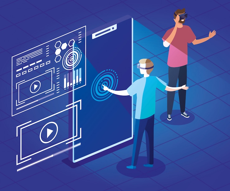 Vector men with glasses of reality augmented and smartphone