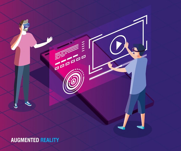 Vector men with glasses of reality augmented and smartphone