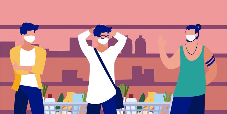 Vector men with masks in the supermarket in front of shelves  