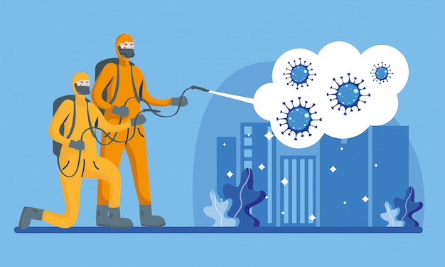 men with protective suit spraying city with covid 19  design