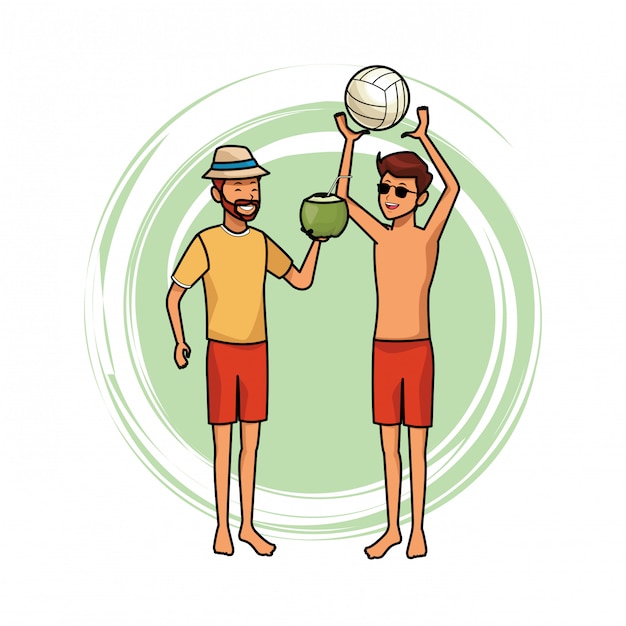 Men with voleyball ball and coconut