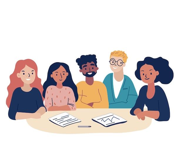Men woman of different nationalities sitting at desk Business teamwork concept Group therapy