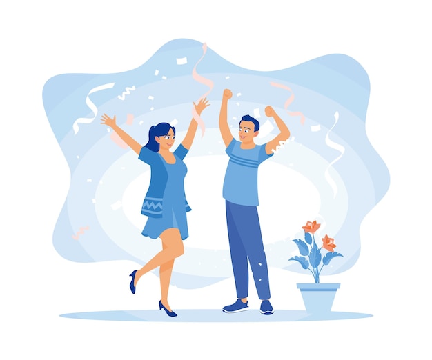 Vector men and women celebrate happiness together raised hands with flying confetti celebration concept