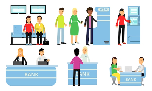 Vector men and women communicate with bank employees waiting in line standing near the atm vector illustration