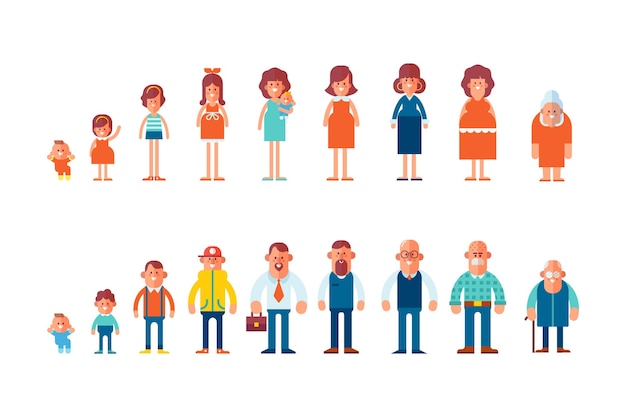 Vector men and women the cycle of life growing up from infant to grandparents flat vector