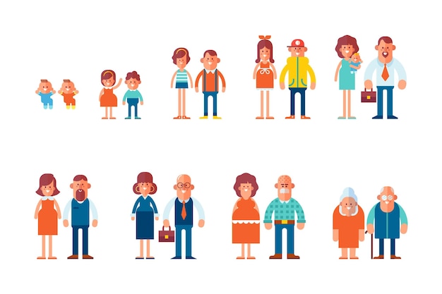 Vector men and women the cycle of life growing up from infant to grandparents flat vector