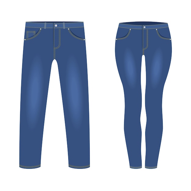 Vector men and women dark blue denim jeans pants fashion denim casual clothes jeans outfit garments model