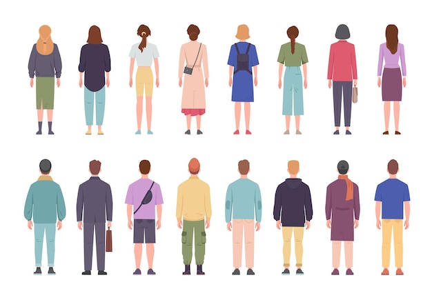 Vector men and women in different clothes standing with their backs set