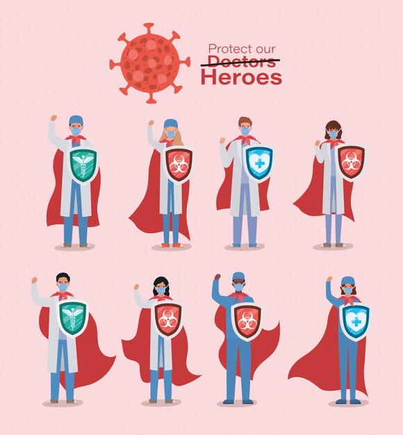 Men and women doctors heroes with capes and shields against 2019 ncov virus vector design