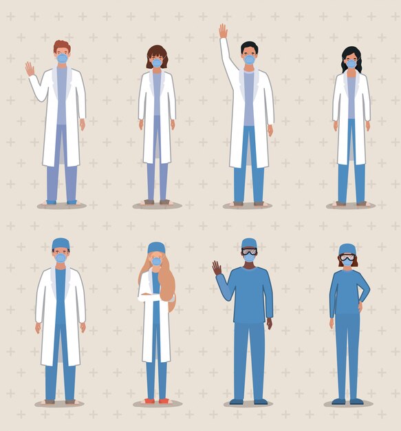 Vector men and women doctors with masks against