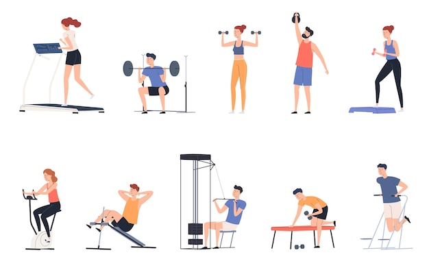 men and women doing sports in the gym gymnastics exercise machines weightlifting