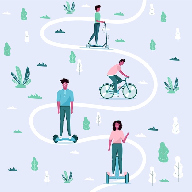 Uomini e donne guidano il trasporto urbano ecologico nel parco pubblico. trasporto personale elettrico, scooter elettrico verde, hoverboard, giroscooter, monociclo e bici. veicolo ecologico, concetto di vita in città