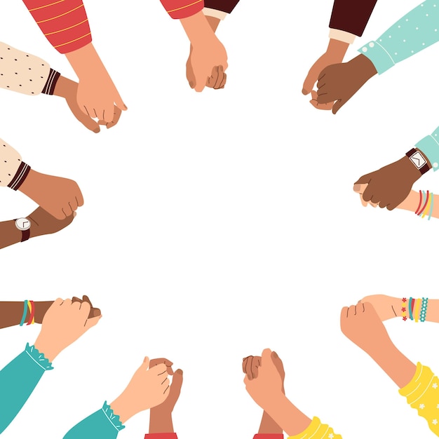 Vector men and women hands of different nationalities hold each other in a circle