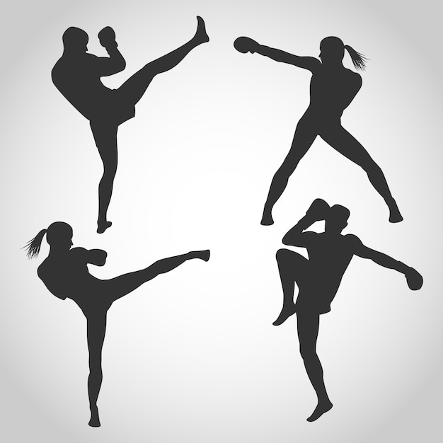 Vector men and women kickboxing silhouette