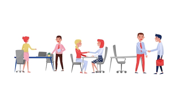 Uomini e donne in ufficio si salutano a vicenda illustrazione vettoriale su sfondo bianco