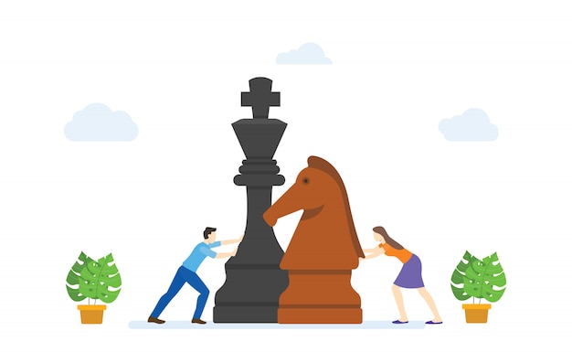 Men and women play big chess pieces concept strategy business modern flat cartoon style.