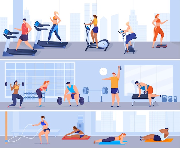 Vettore uomini e donne praticano sport in palestra. ginnastica, macchine per esercizi, sollevamento pesi. mantenere il corpo in buona forma fisica. illustrazione colorata in stile cartone animato piatto.