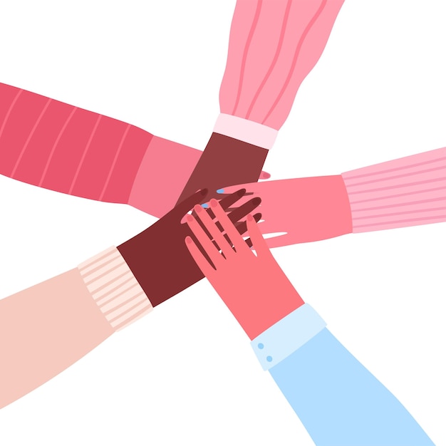 Men and women putting their hands together flat illustration