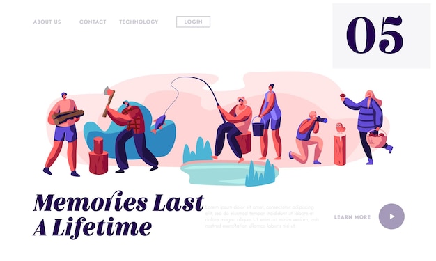 Men and women relaxing, fishing, taking pictures, pick up mushrooms, website landing page template