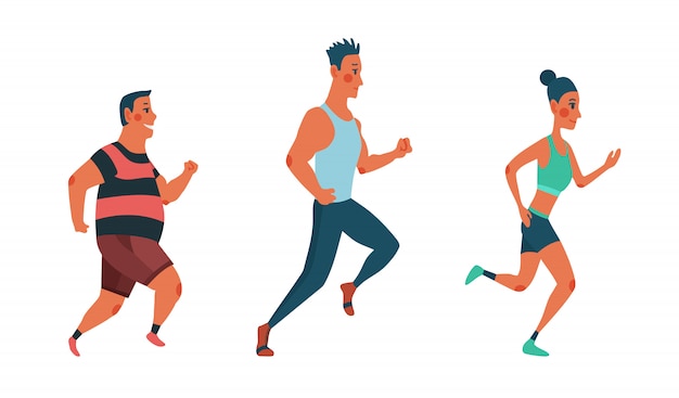 Мужчины и женщины бегут марафонские гонки. Группа людей, одетых в спортивную одежду. Участники соревнований по легкой атлетике пытаются обогнать друг друга