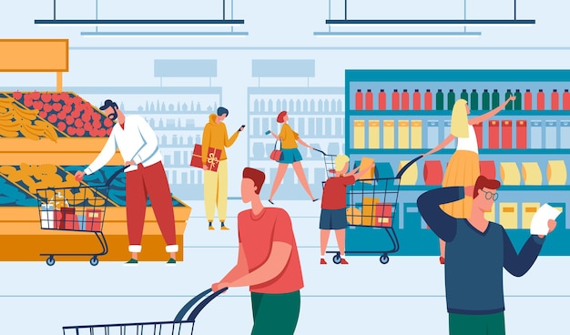 Vector men and women shopping at supermarket