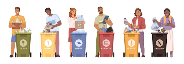 Men and women throw out trash in plastic dumpsters