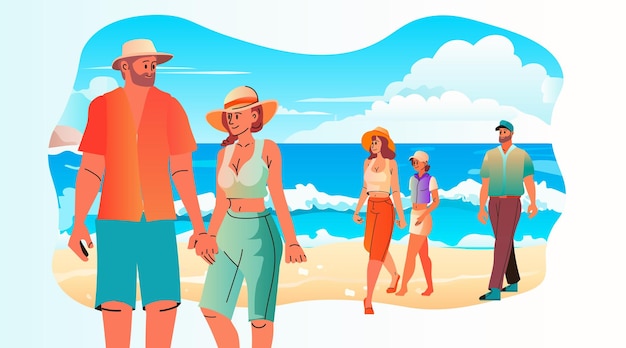 Men women travelers group standing together on tropical beach summer vacation holiday time to travel concept