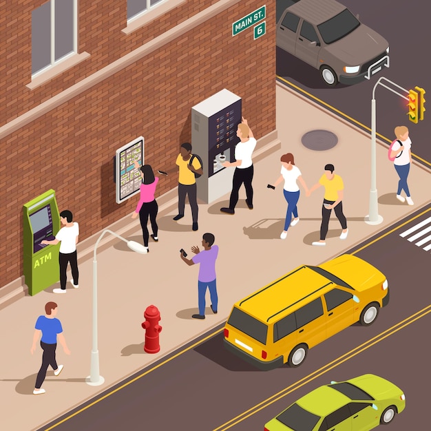 Men and women using information board atm coffee kiosk with interactive interface on sidewalk 3d isometric