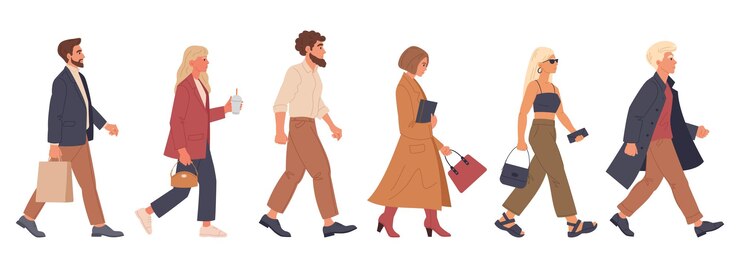 Мужчины и женщины, идущие пешком Люди, идущие в офис, ходящие пешком или делая покупки Студенты, бизнесмены или туристы ходят вместе Плоская векторная иллюстрация Пешеходы ходят