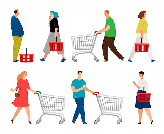 Vector men and women with shopping carts and market baskets