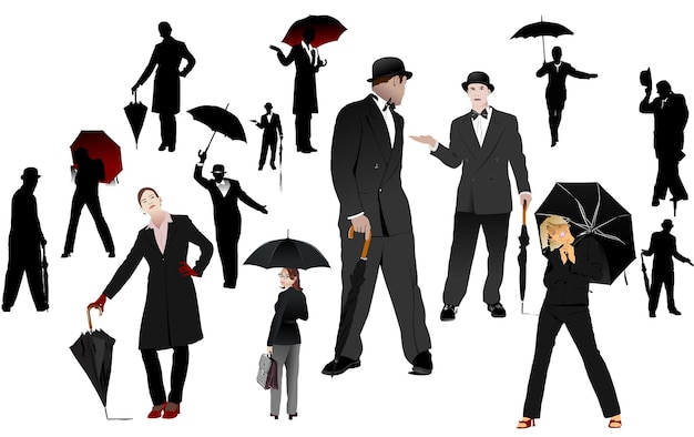 Men and women with umbrella silhouettes Vector