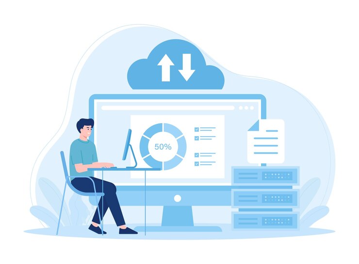 Vector men do the work and analyze the data themselves trending concept flat illustration