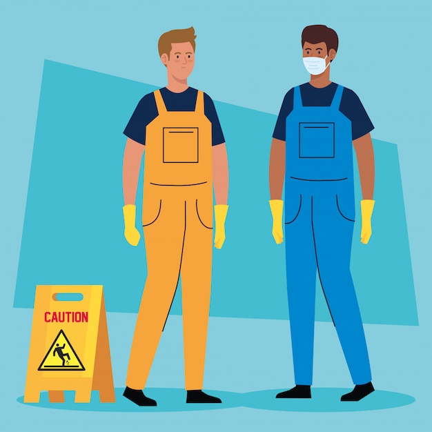 Men workers of cleaning service, on blue illustration design