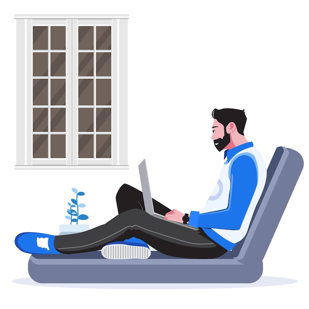 Vector men working at home with laptops