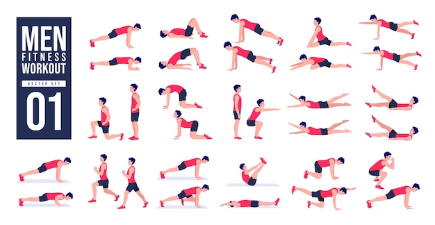 Men workout set men exercise vector set men doing fitness and yoga exercises